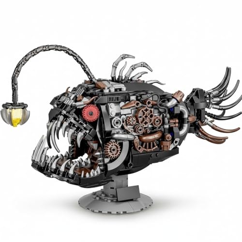 Dify Mechanical Lantern Fish Building Blocks Set (1038+ PCS) | Complex for Ages 14+ | Light-Up Deep Sea Animal Model with Display Stand | STEM Construction Toy