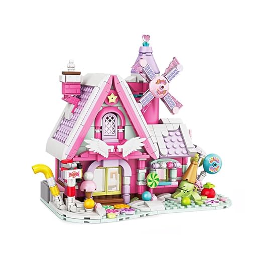 Dify Pink Candy House Building Block Set with Windmill, 614+ PCS Dream Candy Shop Toy, Mini Brick Display Model Kit, Creative Gift for Teens & Adults