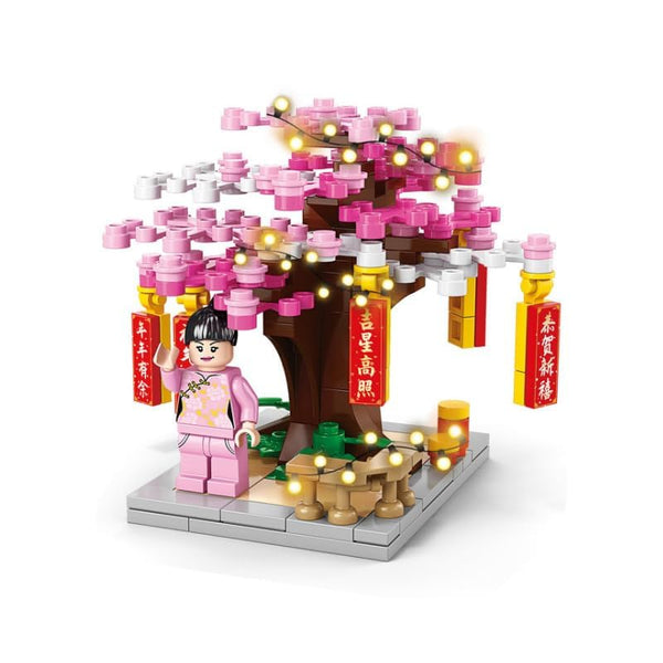 Dify Cherry Blossom Tree Building Block Set – 164 Pcs Miniature Sakura Scene Kit with Girl Figure, Home Decor Toy || with LED || Compatible with Major Brands