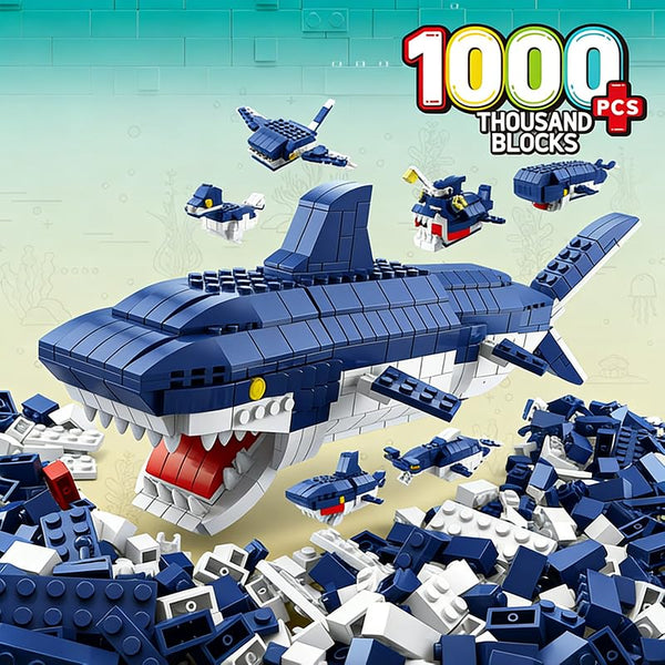 Dify Shark Building Blocks Set – 1000+ PCS Ocean Animal Construction Toy, Large Shark & Mini Sea Creatures Model, STEM Educational DIY Bricks Kit for Kids & Adults Ages 6+
