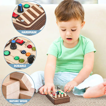 Dify || Montessori Wooden Busy Board || with LED Lights, 4 Switchers, Wire and Key Switch || Alphabets Theme Stickers
