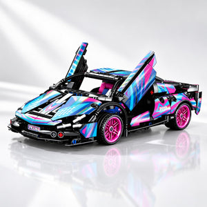 Dify Pull Back Car Building Blocks Set, 586 PCS Neon Pink & Blue Supercar Model Kit, Sports Car Building Toy for Kids, Teens & Adults | 5 Year Structural Warranty