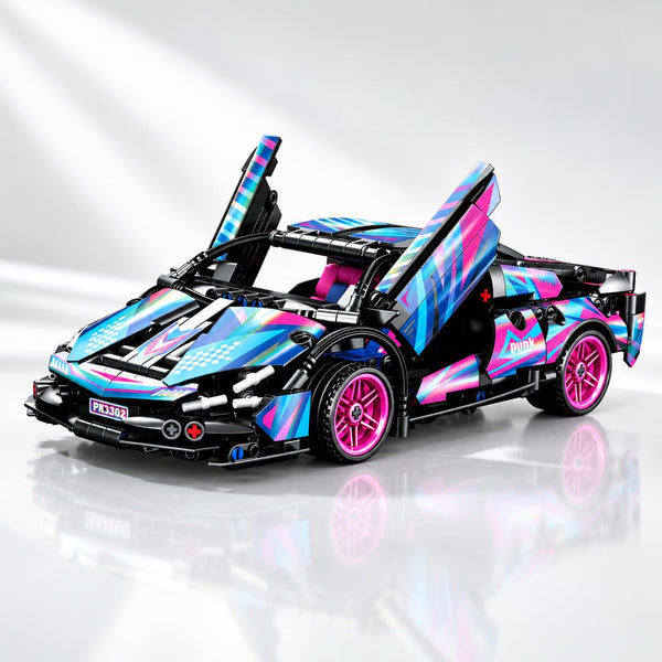 Dify Pull Back Car Building Blocks Set, 586 PCS Neon Pink & Blue Supercar Model Kit, Sports Car Building Toy for Kids, Teens & Adults | 5 Year Structural Warranty
