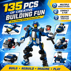 Dify 6-in-1 Mini Police Car Building Block Set, 135 PCS Police Vehicle Construction Kit, STEM Engineering Toy for Kids,