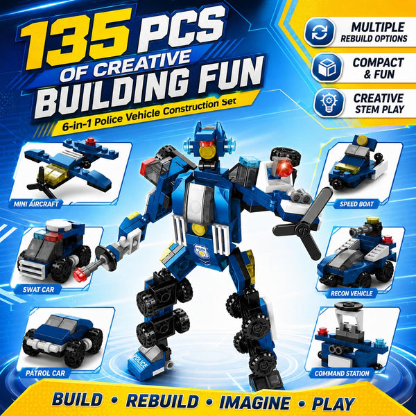 Dify 6-in-1 Mini Police Car Building Block Set, 135 PCS Police Vehicle Construction Kit, STEM Engineering Toy for Kids,