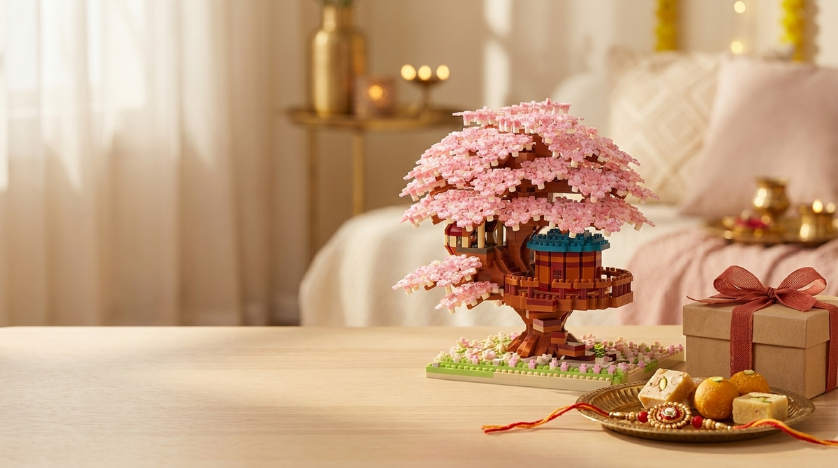 Rakhi gifts from DIFY WORLD — a cherry blossom bonsai building set beside a rakhi thread, sweets and a gift box
