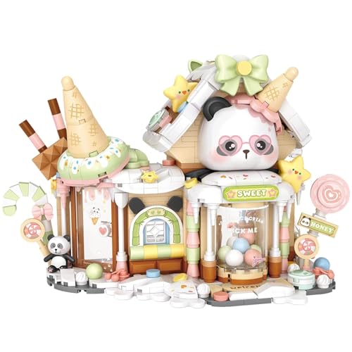 Dify Ice Cream House Building Blocks Set (884+ PCS) | LED Light Dessert Shop Architecture Model Kit | Creative Display Décor for Teens & Adults
