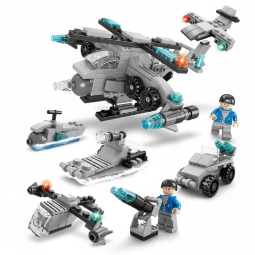 Dify 6-in-1 Naval Forces Building Block Set, 159 PCS Military Navy Vehicle Construction Kit with Helicopter, Submarine, Patrol Boat & Cannon, STEM Toy for Kids,