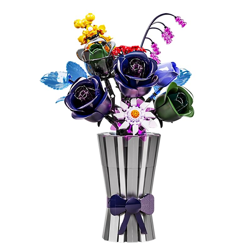 Dify Dark Purple Rose Building Blocks Set (982+ PCS) | Artificial Rose Flower DIY Model Kit | Elegant Floral Décor for Home & Office