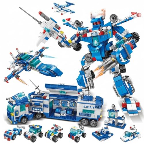 Dify 51-in-1 Police Robot Building Block Set, 700 PCS City Police Vehicle, Fighter Plane & Command Center Construction Kit, STEM Toy for Kids Ages 10+,