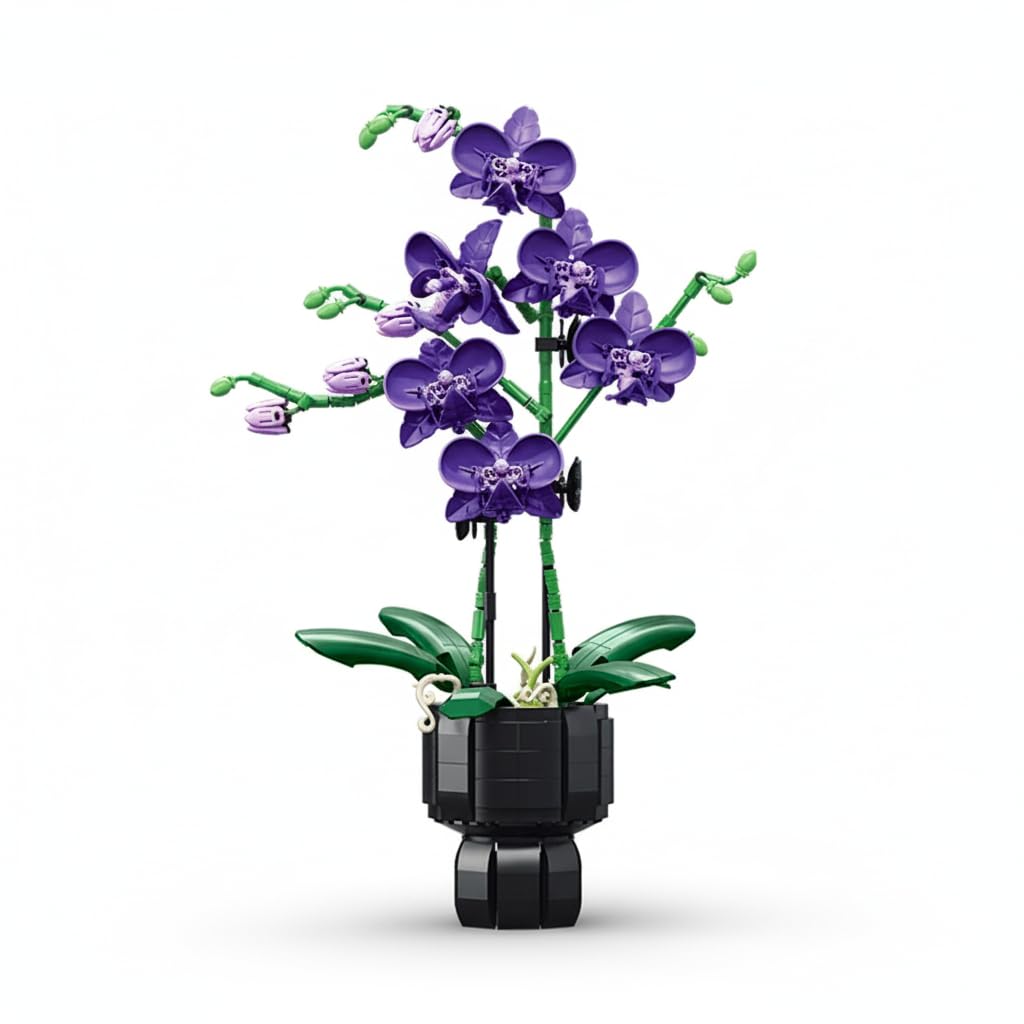 Dify Purple Butterfly Orchid Building Blocks – 666 Pieces Artificial Everlasting Flower in Pot, DIY Desktop Home Decor Model, Romantic Gift for Birthday Valentine's Day Christmas
