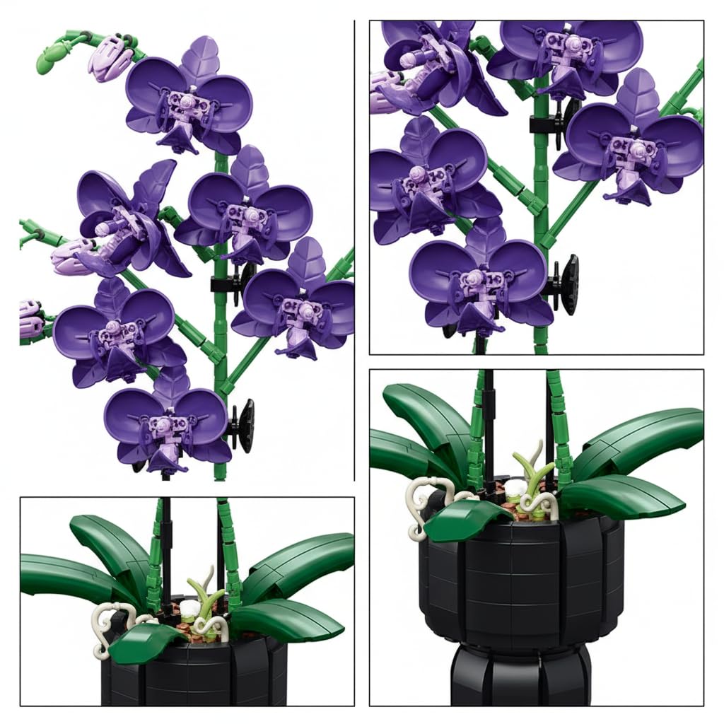 Dify Purple Butterfly Orchid Building Blocks – 666 Pieces Artificial Everlasting Flower in Pot, DIY Desktop Home Decor Model, Romantic Gift for Birthday Valentine’s Day Christmas