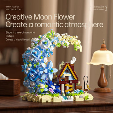 Dify Moon Flower Mini Bricks Building Set || 1343 PCS || Fairy Crescent Moon Cabin & Blue Flower Bouquet || Botanical Collection Home Decor for Ages 14+