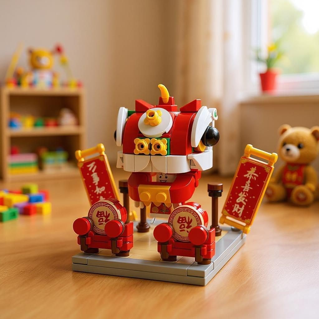 Dify Lion Dance Building Block Set (169 Pieces) – Chinese New Year Festival Toy with Drums & Banners – Compatible with Major Brick Brands – Creative Construction Gift for Kids