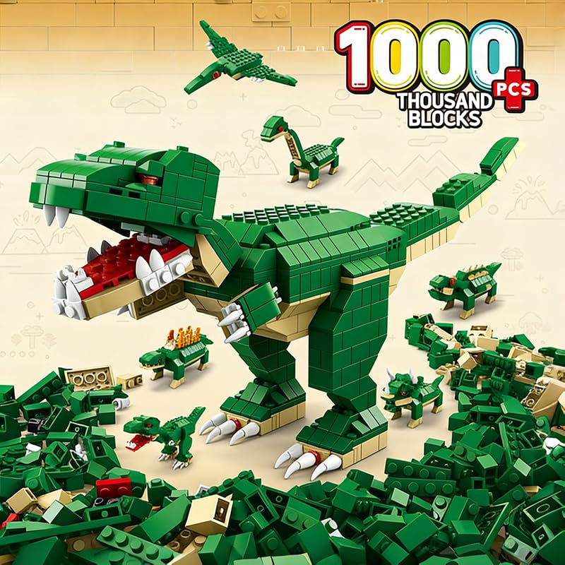 Dify Dinosaur Building Blocks Set – 1000+ PCS Large Green T-Rex Construction Toy, STEM Creative Bricks Kit for Kids & Adults, Educational DIY Model Gift for Ages 6+