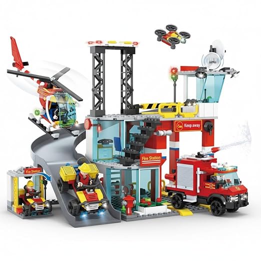 Dify Fire Station Slider Building Block Set, 651+ PCS City Fire Rescue Playset with Action Slider Feature, Fire Truck & Accessories, STEM Construction Toy
