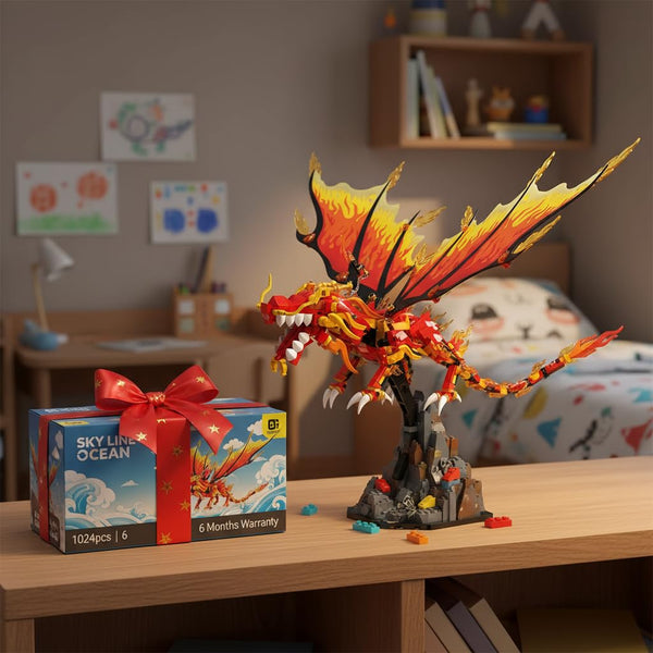 Dify || Red 523pcs || Dual Dragon Building Block Set Dragon Model Toy for Kids [Red Flame]