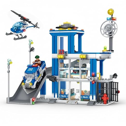 Dify Police Station Slider Building Block Set, 601+ PCS City Police Playset with Action Slider Feature, Patrol Vehicles & Accessories, STEM Construction Toy