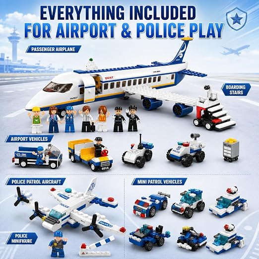 Dify Police Patrol & Airport Adventure Building Block Combo Set, 600+ PCS Police Car Construction Kit & Passenger Airplane Airport Playset, STEM Educational,