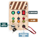 Dify || Montessori Wooden Busy Board || with LED Lights, 4 Switchers, Wire and Key Switch || Alphabets Theme Stickers