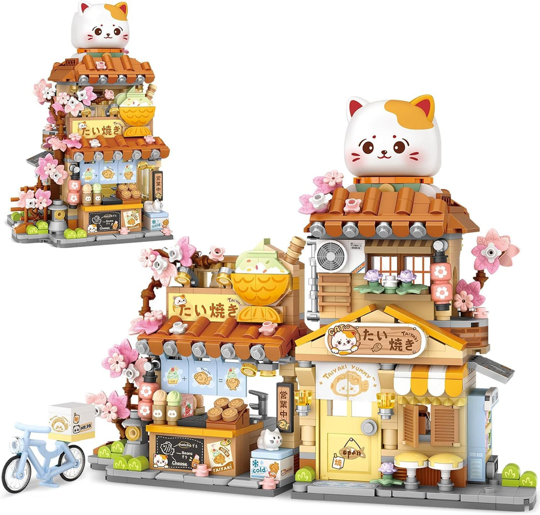 Dify Japanese Street View Taiyaki Shop Mini Building Blocks Set, 923+ PCS Cute Cat Food Shop Architecture Model Kit, Creative MOC Construction Toy for Girls Boys Kids Adults