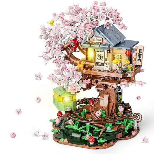 Dify Cherry Blossom Treehouse Building Set with LED Light, 1098+ PCS Japanese Izakaya Shop Mini Blocks, Sakura Bonsai Architecture Model Kit for Ages 14+