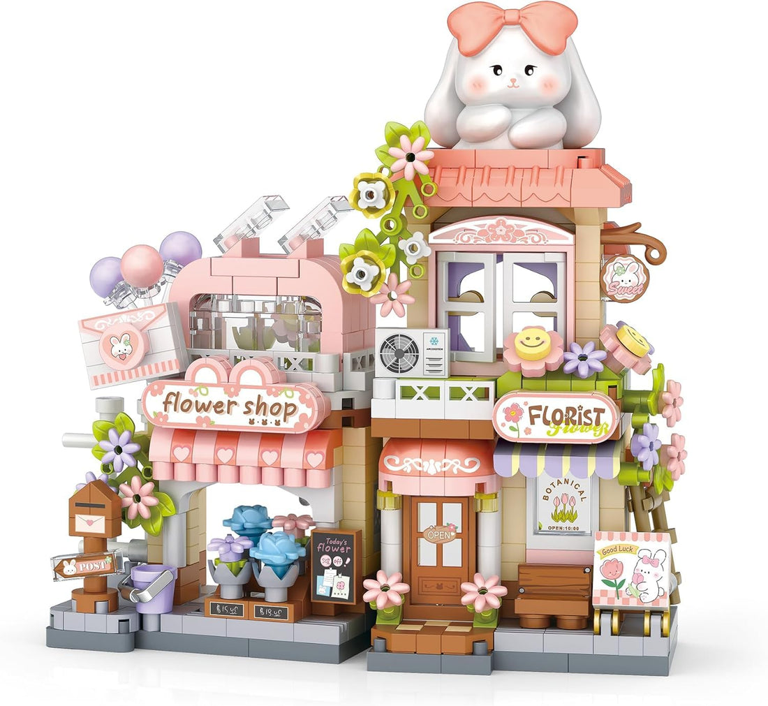Dify Bunny's Bloom Shop Mini Building Block Set with LED Lights, City Street View Flower Shop Micro Blocks House Model, DIY Miniature Architecture Kit, Home Décor, 5-Year Warranty