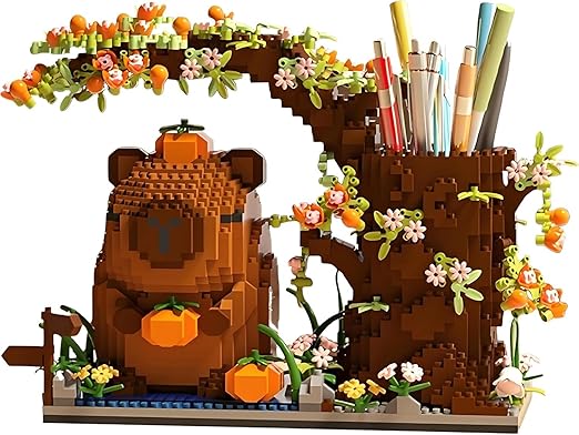 Dify Capybara Building Blocks Set, 1880+ PCS Cute Animal Mini Bricks Kit, Capybara with Flowers Tree, DIY Desk Organizer Pen Holder Toy for Ages 14+