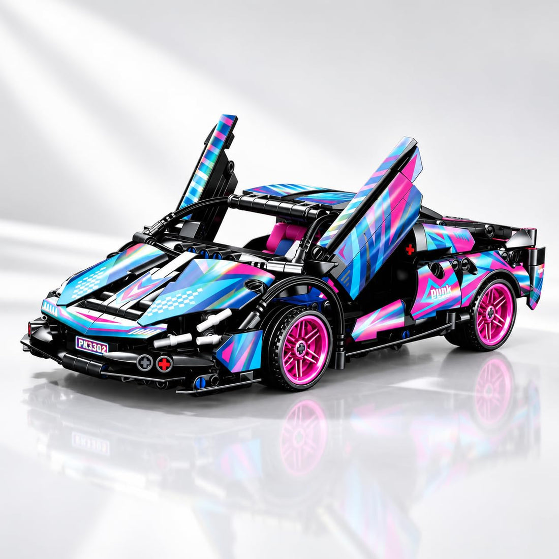 Dify Pull Back Car Building Blocks Set, 586 PCS Neon Pink & Blue Supercar Model Kit, Sports Car Building Toy for Kids, Teens & Adults | 5 Year Structural Warranty