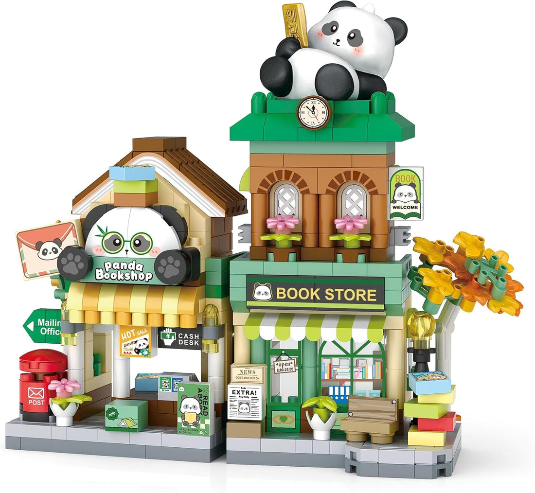 Dify Panda Bookstore Mini Building Block Set with LED Lights, City Street View Bookshop Micro Blocks House Model, DIY Miniature Architecture Kit, Home Décor, 5-Year Warranty