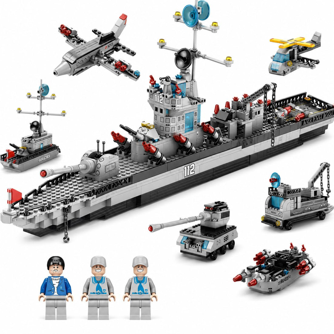 Dify 8-in-1 Destroyer Building Block Set, 850+ PCS Military Warship Construction Kit with Fighter Jet, Helicopter, Patrol Boat & Support Vehicles, STEM, 5-Year Structural Warranty
