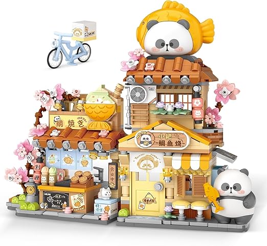 Dify Japanese Street View Taiyaki Shop Mini Building Blocks Set, 858+ PCS Cute Panda Food Shop Architecture Model Kit, Creative MOC Construction Toy for Girls Boys Kids Adults