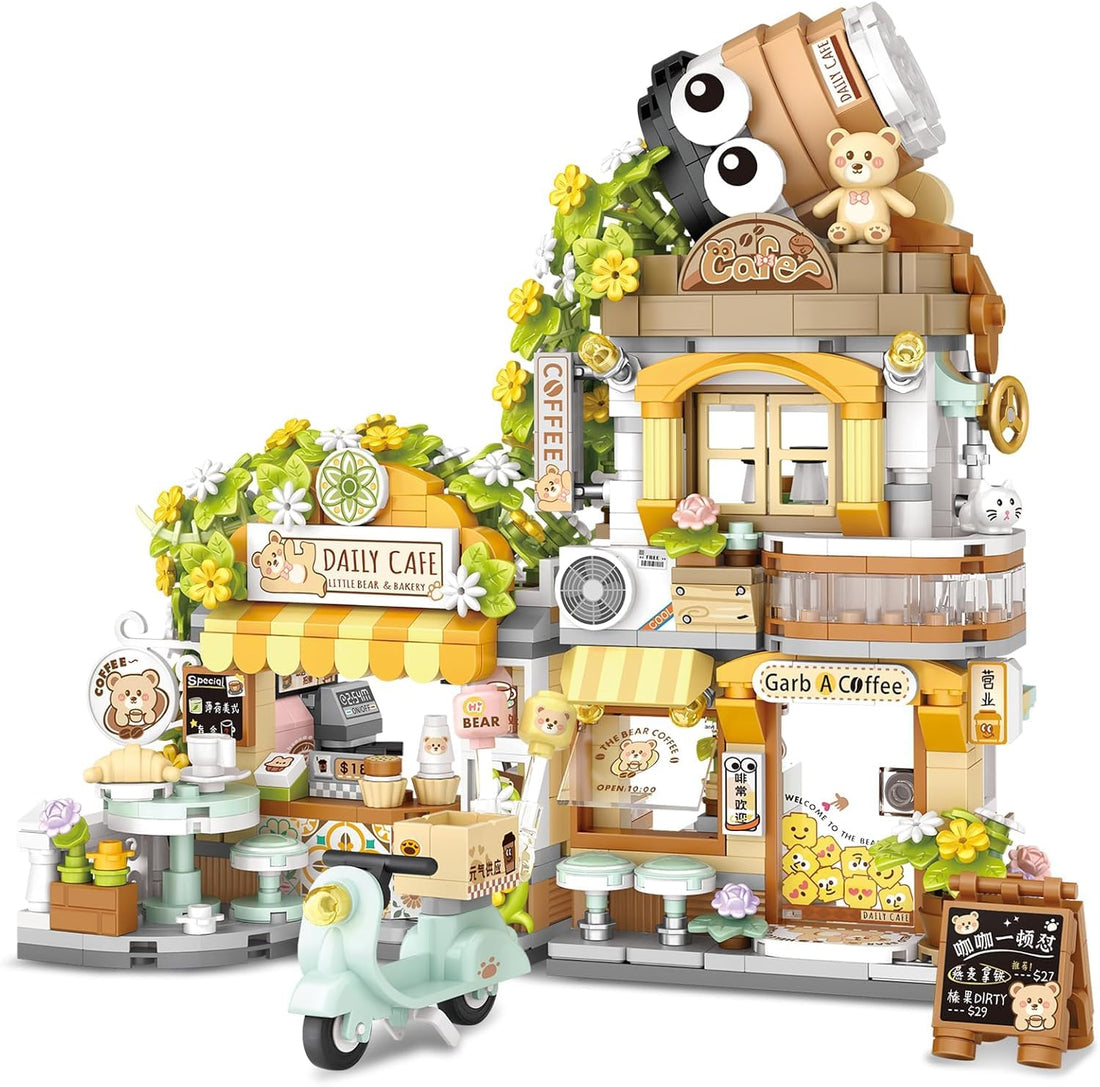 Dify Street View Coffee Shop Mini Building Blocks Set, 1077+ PCS Cute Animal Café Architecture Model Kit, Creative MOC Construction Toy for Girls Boys Kids Adults, Gift Idea Ages 6+