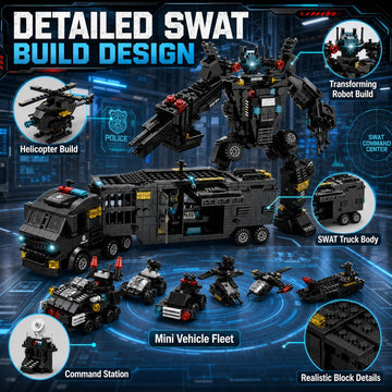 Dify SWAT Robot & Mini SWAT Car Combo Building Block Set, 838+ PCS Police Vehicle & Helicopter Construction Kit, STEM Toy Ages 10+,